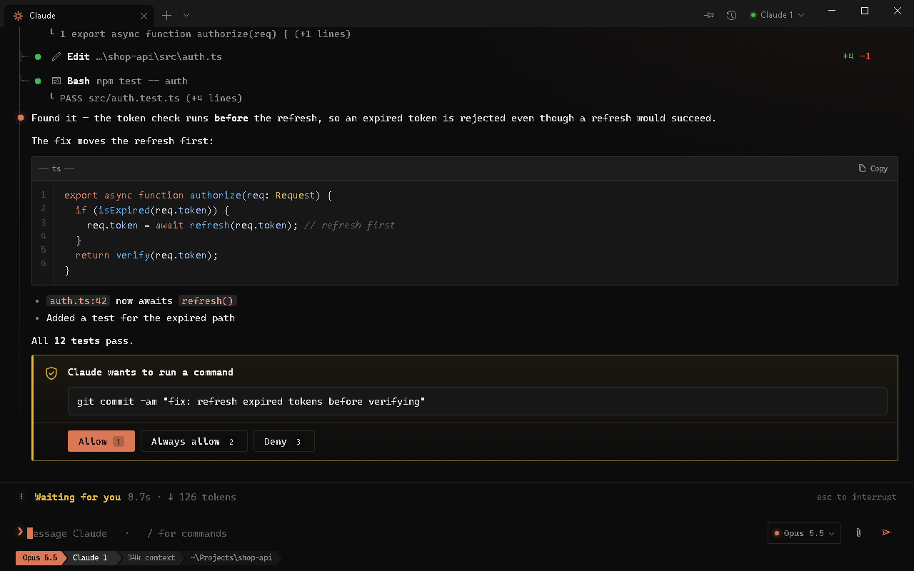 An approval card: Claude asks to run a git commit, with Allow, Always allow and Deny