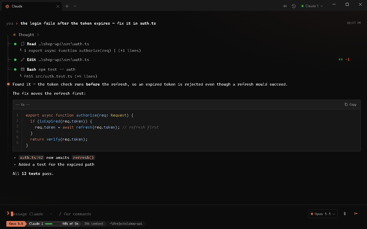 Cmdhive: Claude fixing a bug in a project, with the reply, the edits it made and the tests it ran